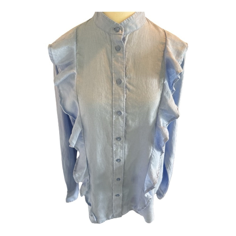 Lauren Ralph Lauren Linen Ruffle Button Down Blouse Light Blue Coastal M Preppy - Picture 7 of 13